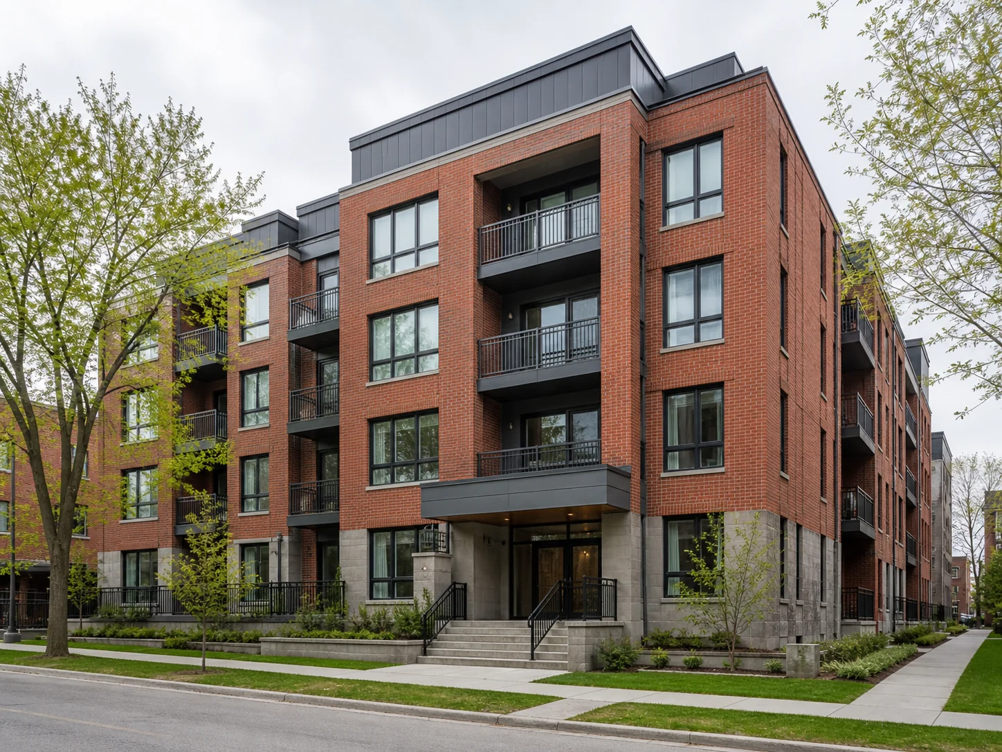 Illustrative brick mid-rise multifamily property