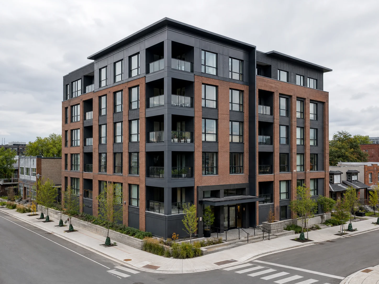 Illustrative contemporary brick multifamily building
